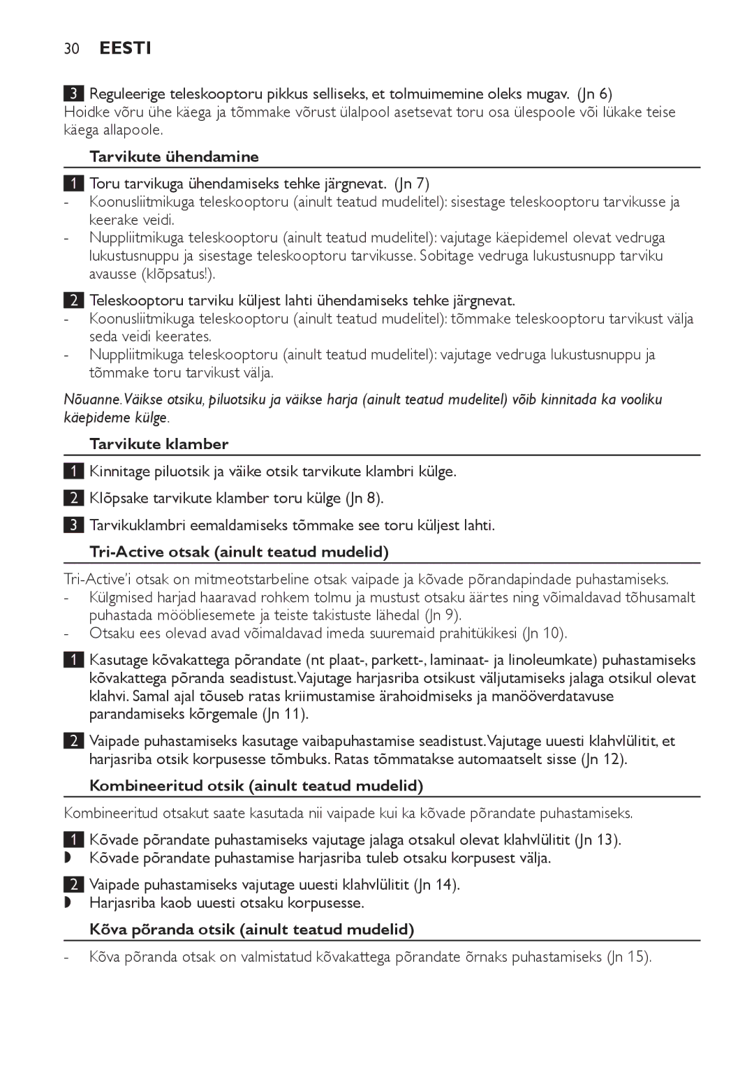 Philips FC8920-FC8910 manual Tarvikute ühendamine , Tarvikute klamber, Tri-Active otsak ainult teatud mudelid 